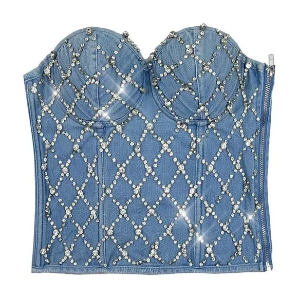 NEW Sparkling Bling Swarovski Crystal Rhinestone Denim Jeans Bustier Bra…